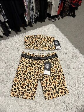 Crooks & Castles Leopard Print Tube Top and Biker Shorts Set - Tan, Brown, Black
